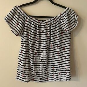 Lucky Brand Striped Floral Embroidered Off The Shoulder Top Medium Lace Inset